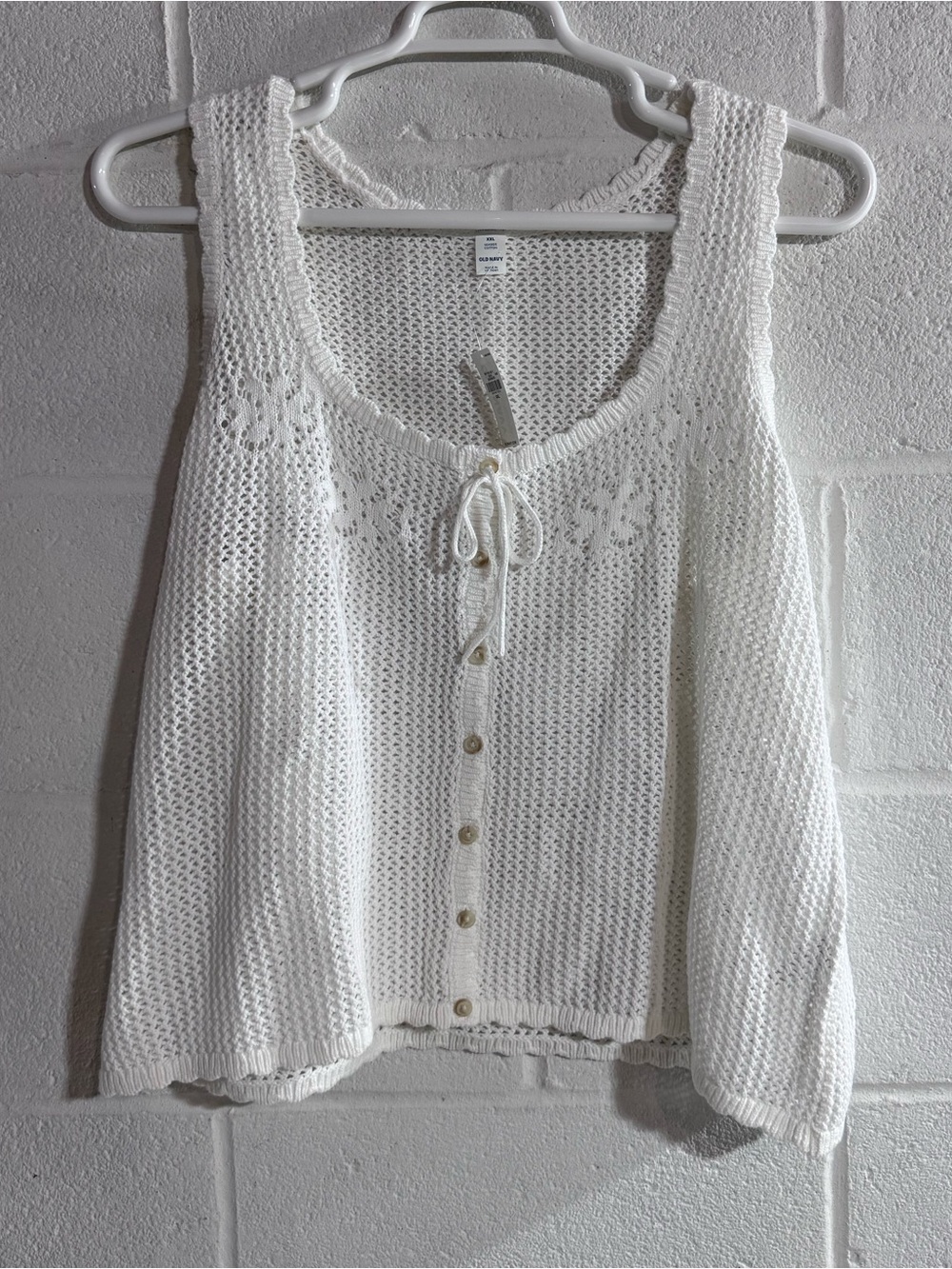Old Navy White Open-Knit Button Tank with Front Tie